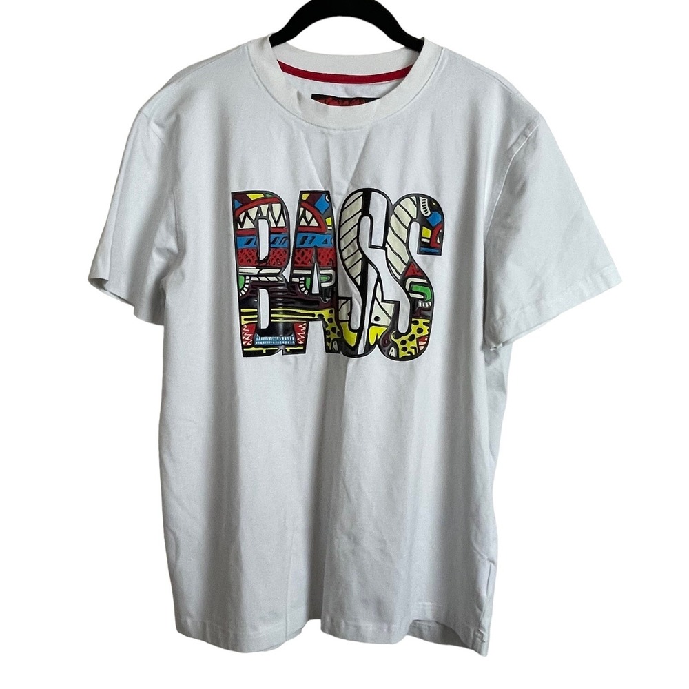 Ron Bass Graphic Script Spell Out T-Shirt‎ Size L White 100% Cotton Streetwear